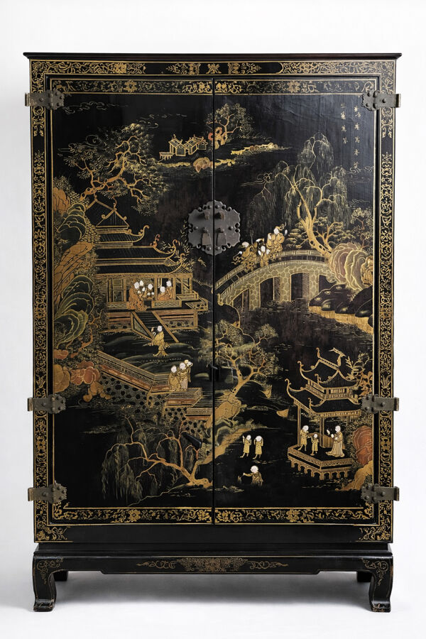 Cabinet chinois laqué noir, décor paysage doré & polychrome – H150