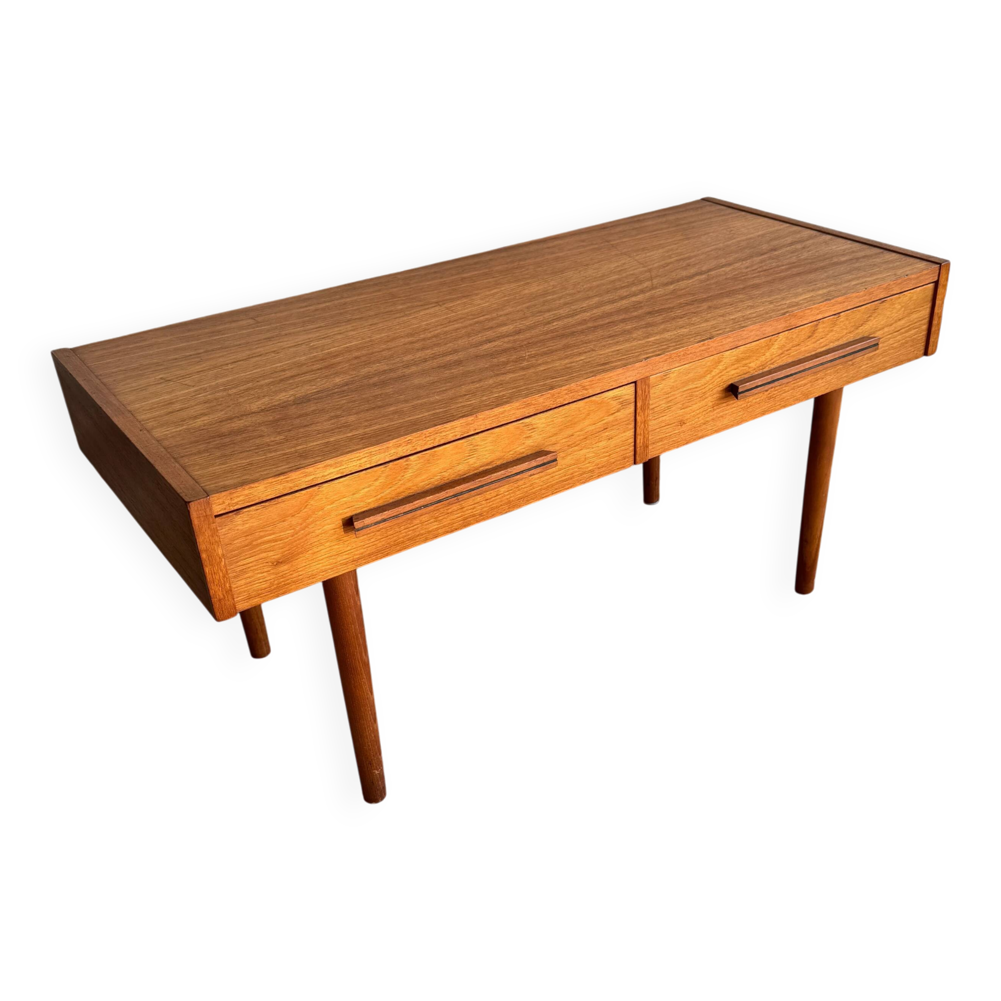 Low Danish Teak Cabinet by Millenium Design — Warm Teak Veneer, Two Drawers, Tapered Legs