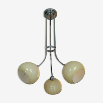 Vintage modernist art deco chandelier, chromed metal and beige opaline, France 1930