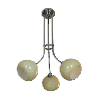 Vintage modernist art deco chandelier, chromed metal and beige opaline, France 1930