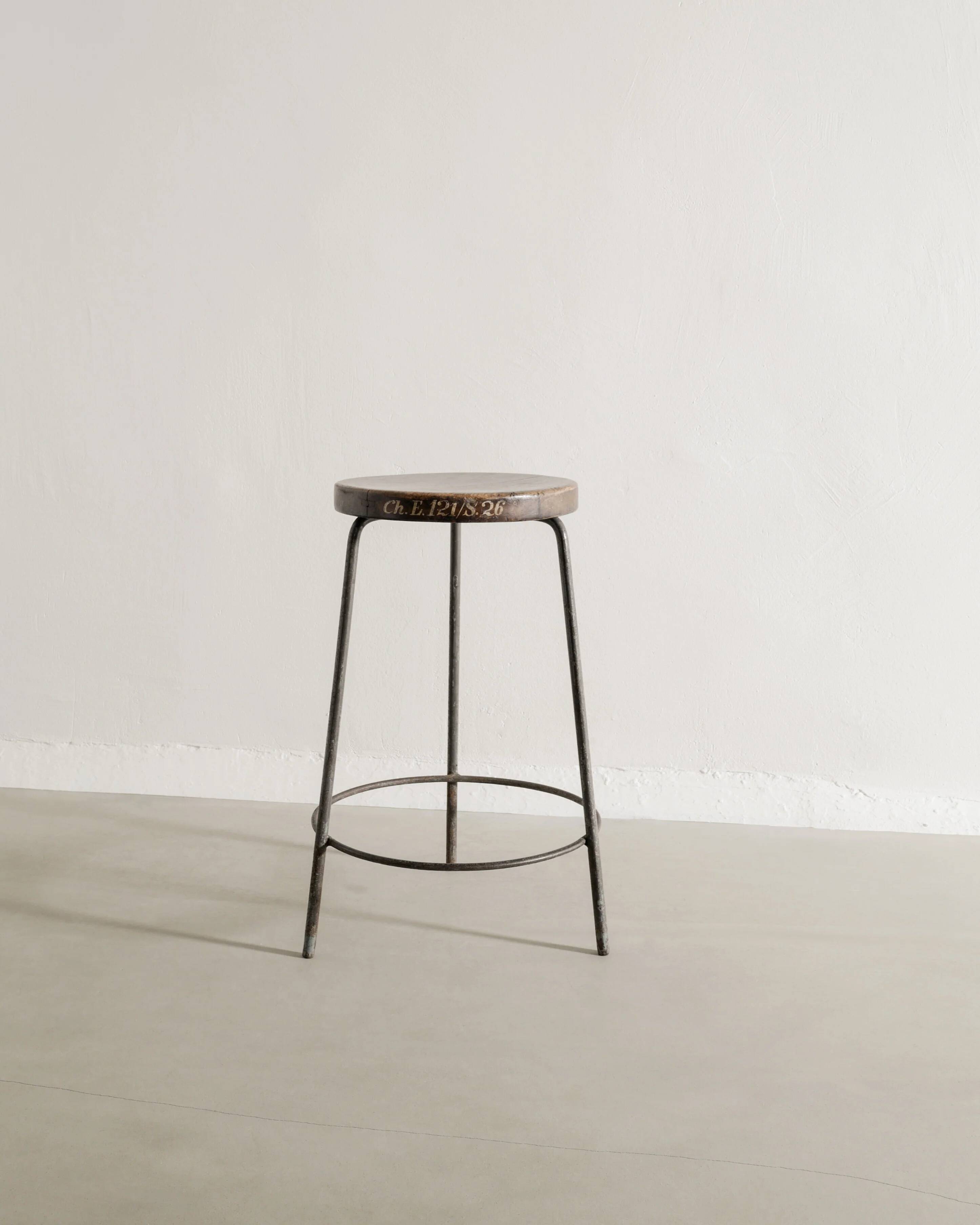 French Mid Century Wooden Iron High Bar Stool by Pierre Jeanneret, 1950s