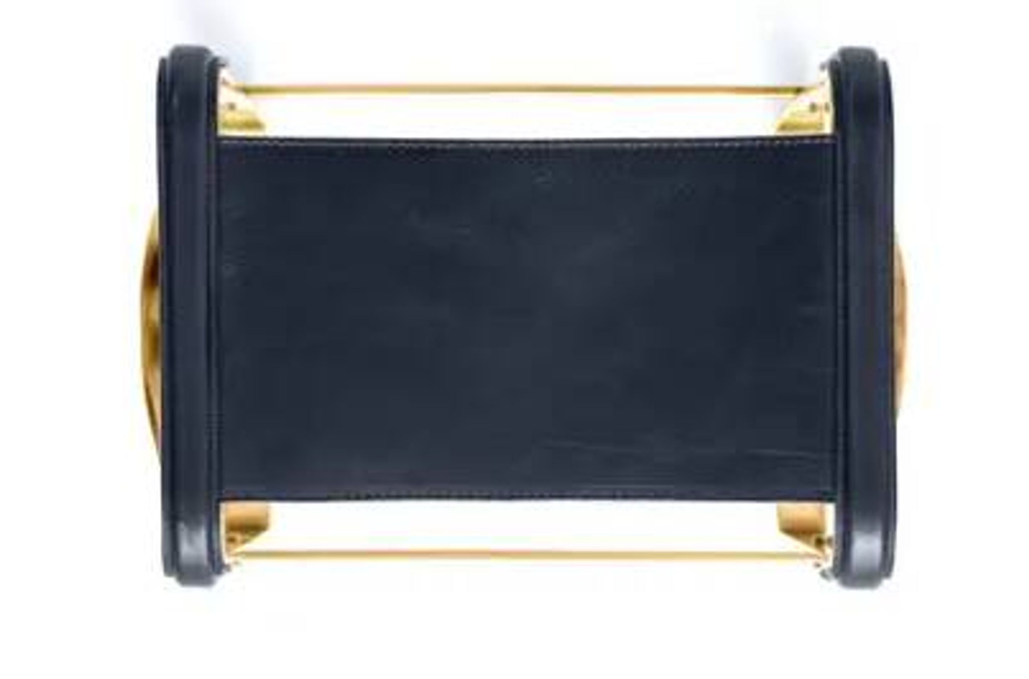Contemporary kitchen bar stool in aged brass metal and navy blue leather.