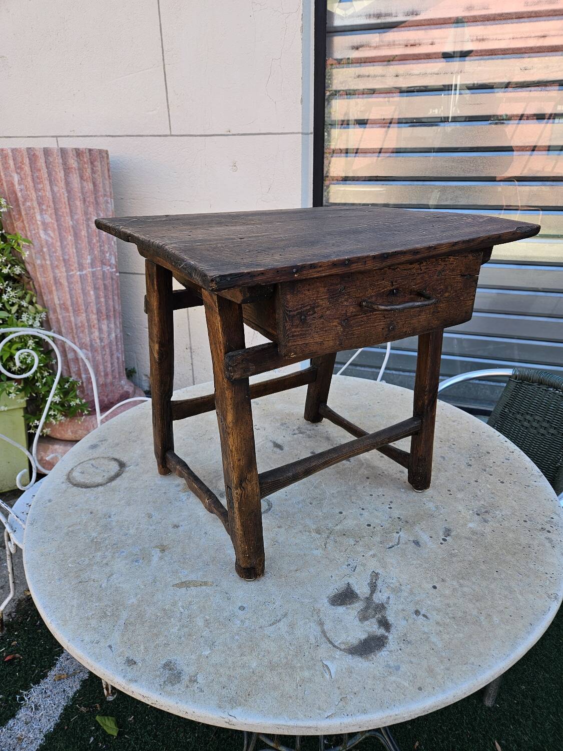 Antique folk art oak table or bedside table