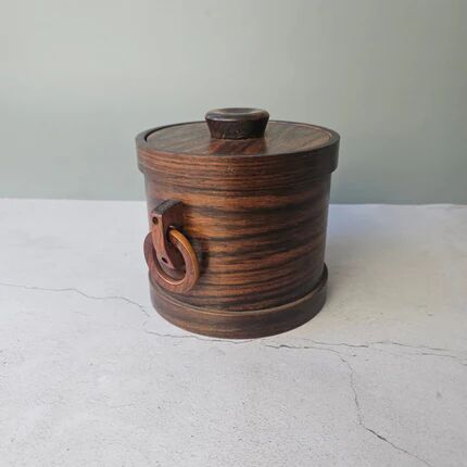 Vintage wooden ice bucket with ring handles - Mid-Century Modern