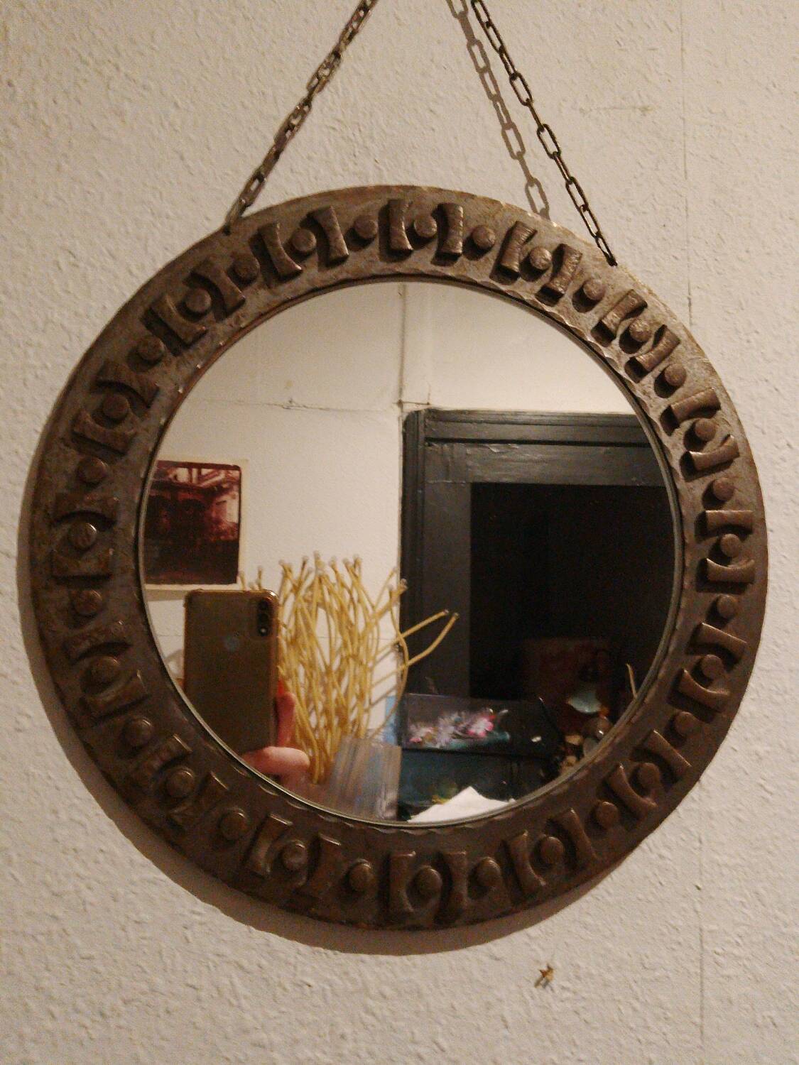 Beautiful brutalist round iron mirror in the RYCKAERT style ATELIER MAROLLES JEAN TOU