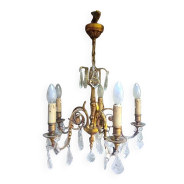 Ancien lustre en bronze doré et cristal 5 feux / etat de marche l. gau ?