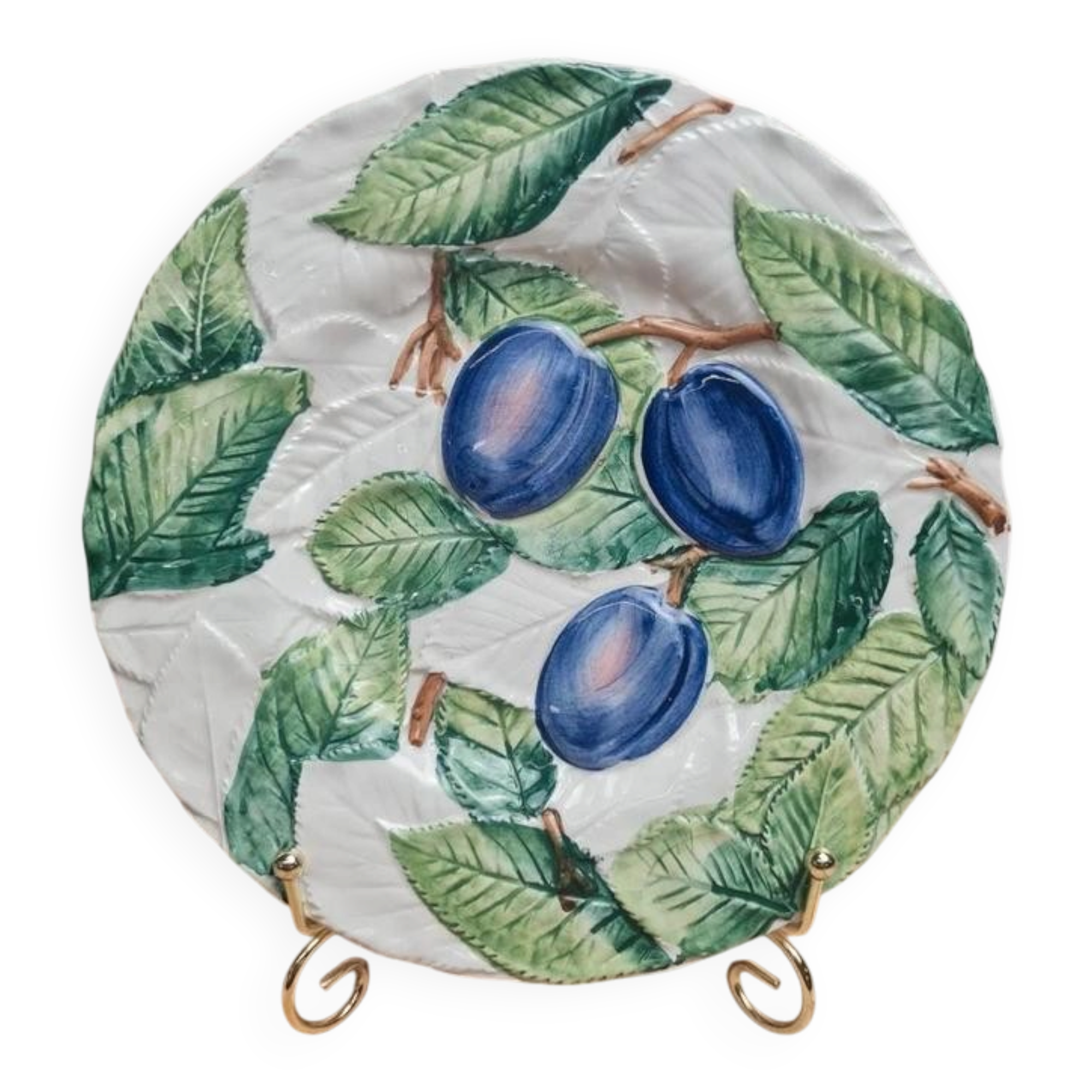 Vintage barbotine plate, plum decoration – relief foliage