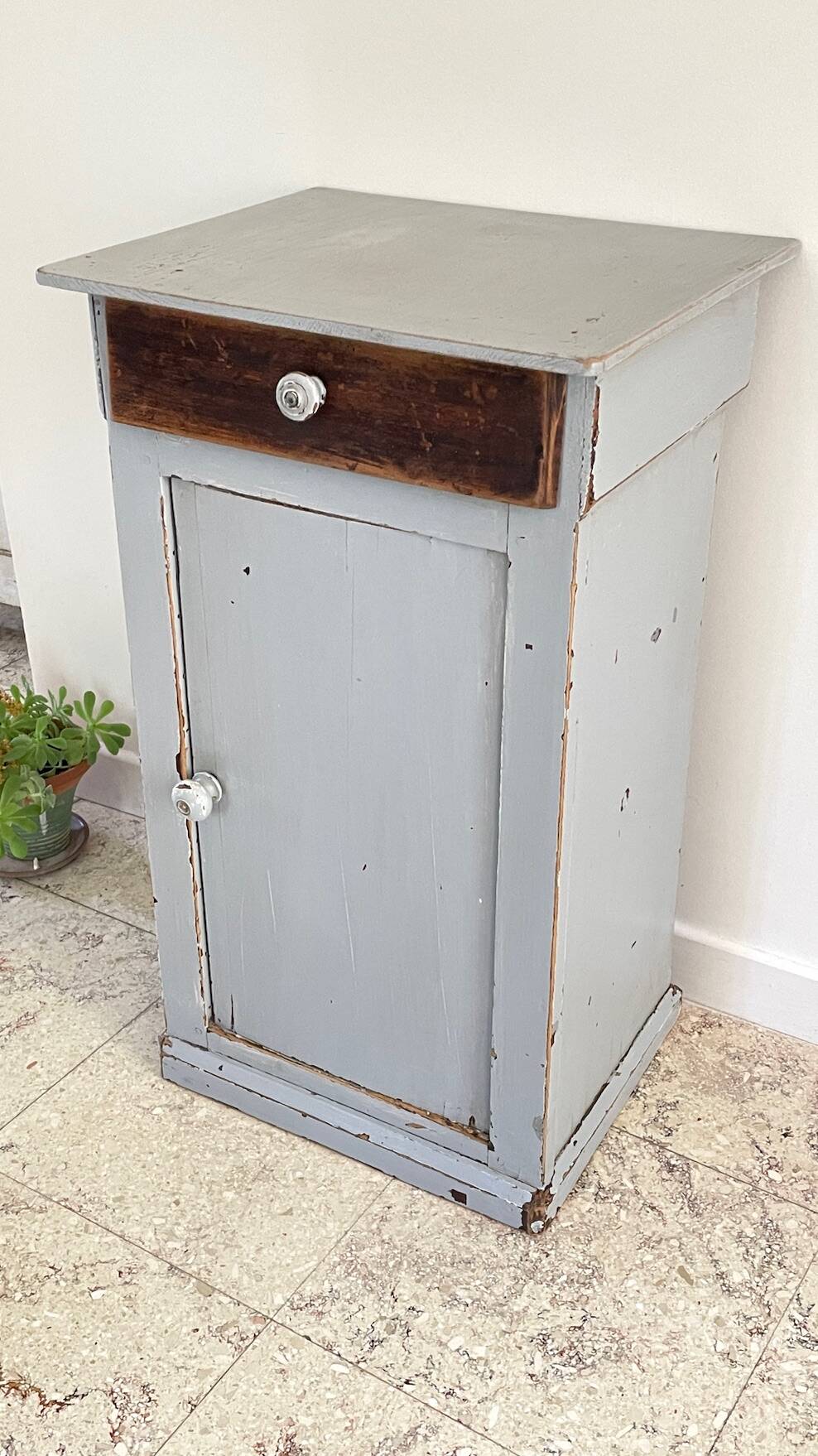 Antique Bedside Table in Weathered Grey Wood