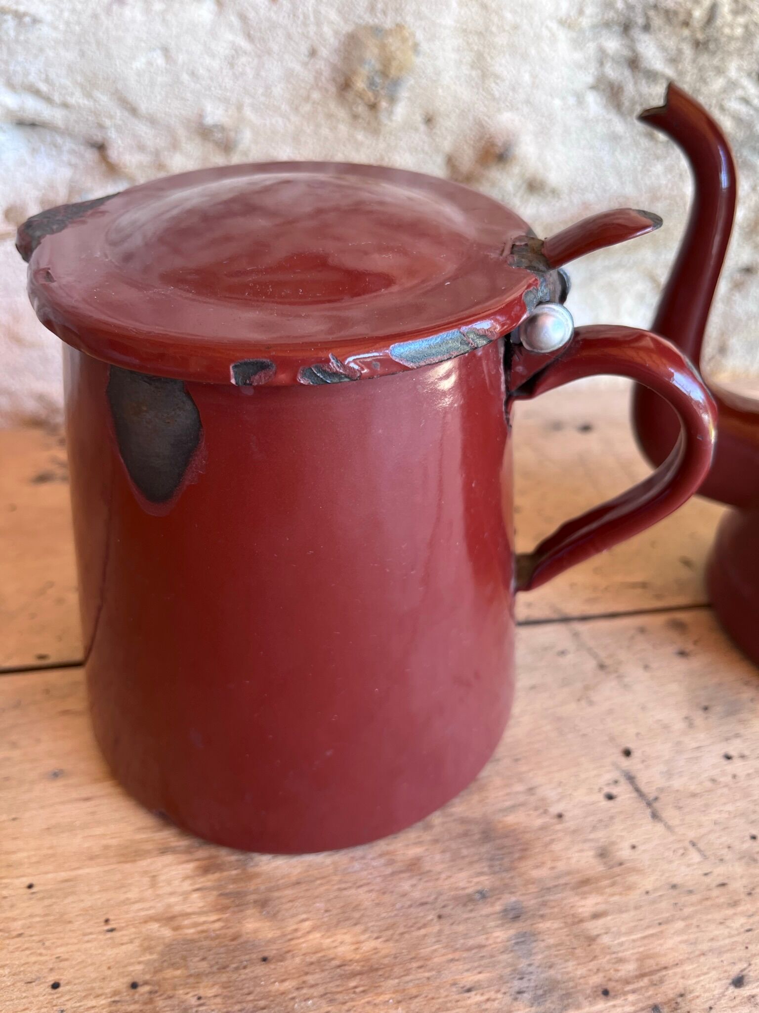 Vintage enameled coffee maker and milk jug