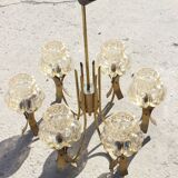 Mid-Century 6-light chandelier in Massive Brass - Iridescent Moulded Glass, Germany 1960s