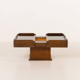 Italian vintage coffee table with bar compartment, walnut and glass, 1970s