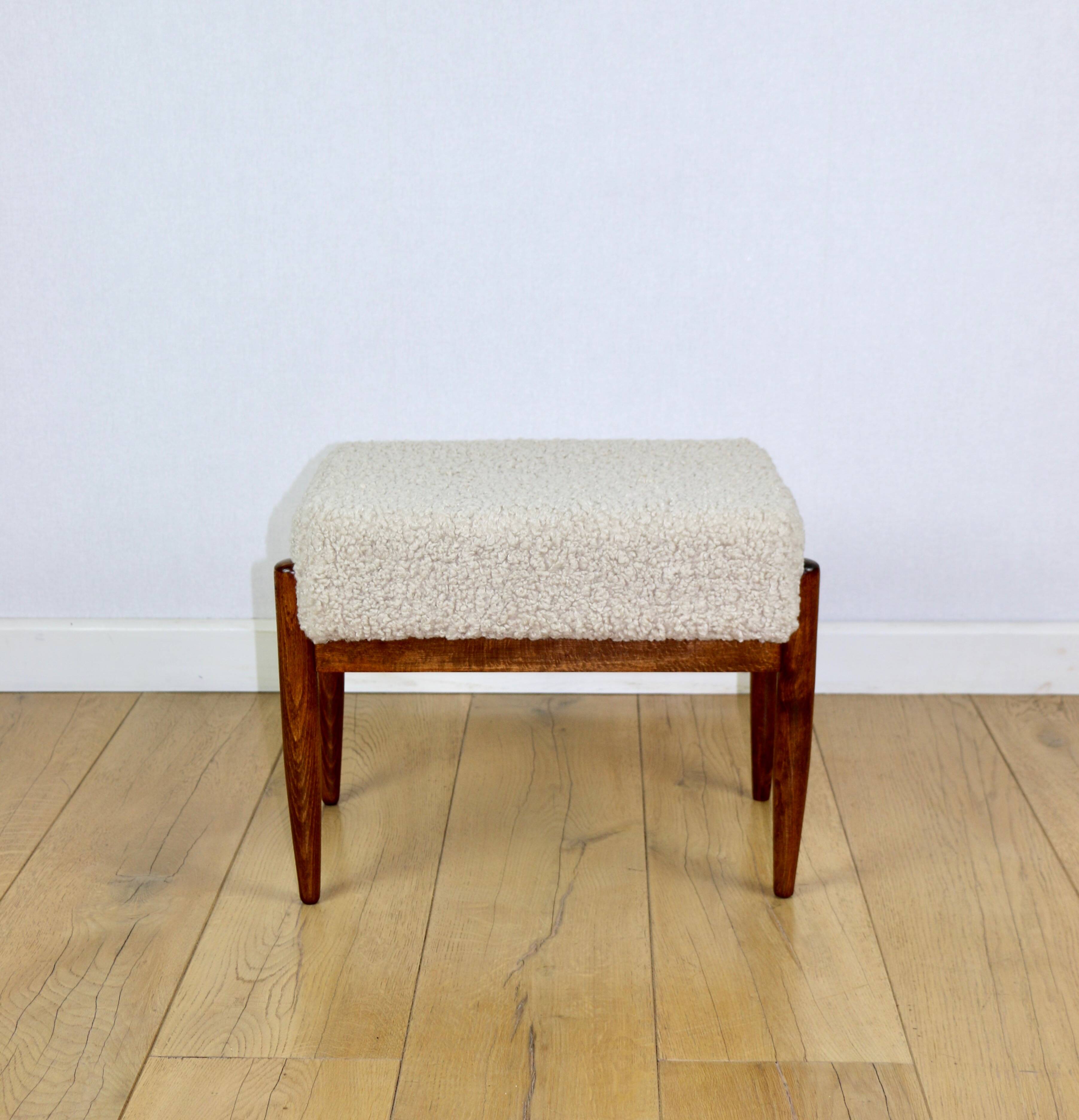 Edmund Homa stool, cream ivory beige boucle seat, long pile lamb