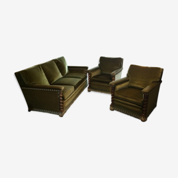 Salon canapé et ses 2 fauteuils velours vert kaki