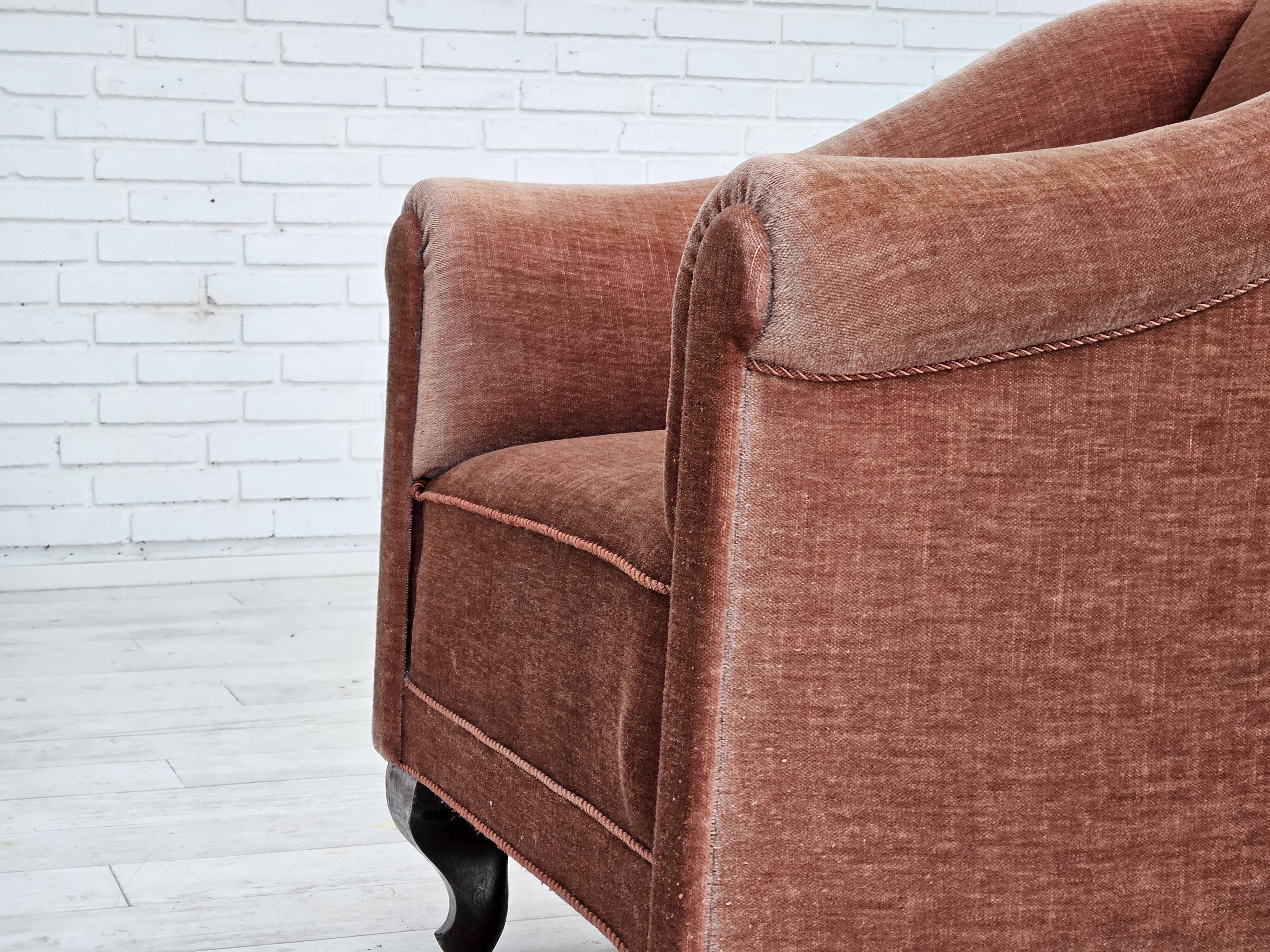 1960s, Danish armchair, salmon pink furniture velour, ash wood legs.
