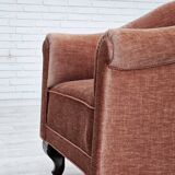 1960s, Danish armchair, salmon pink furniture velour, ash wood legs.