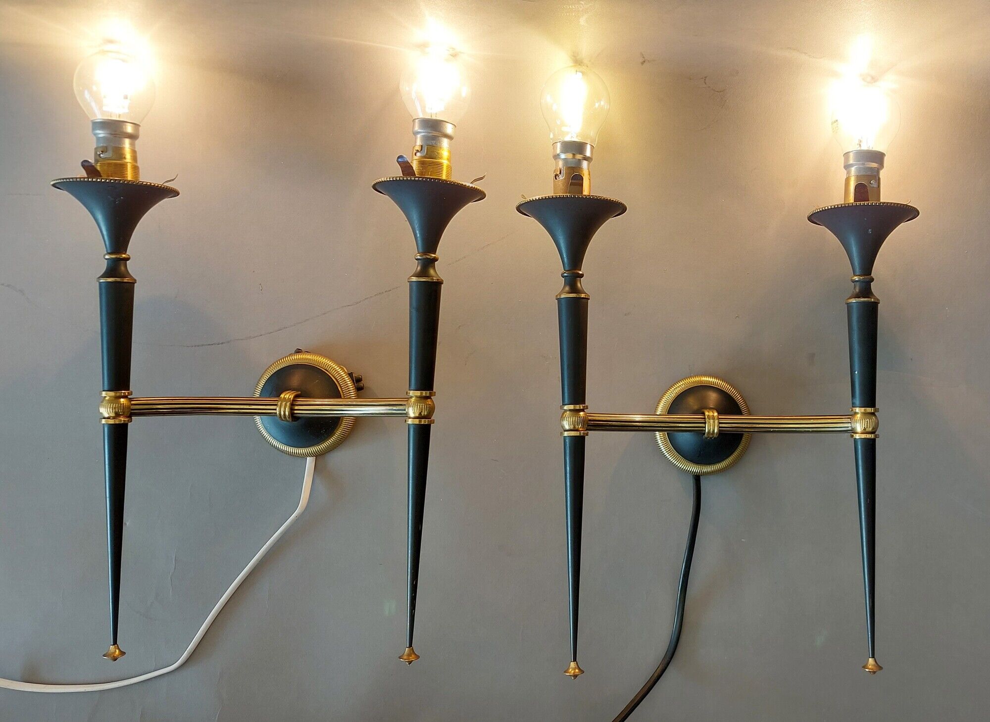 Pair of Maison Arlus torchiere sconces in gold brass and black lacquered 1960