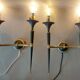 Pair of Maison Arlus torchiere sconces in gold brass and black lacquered 1960