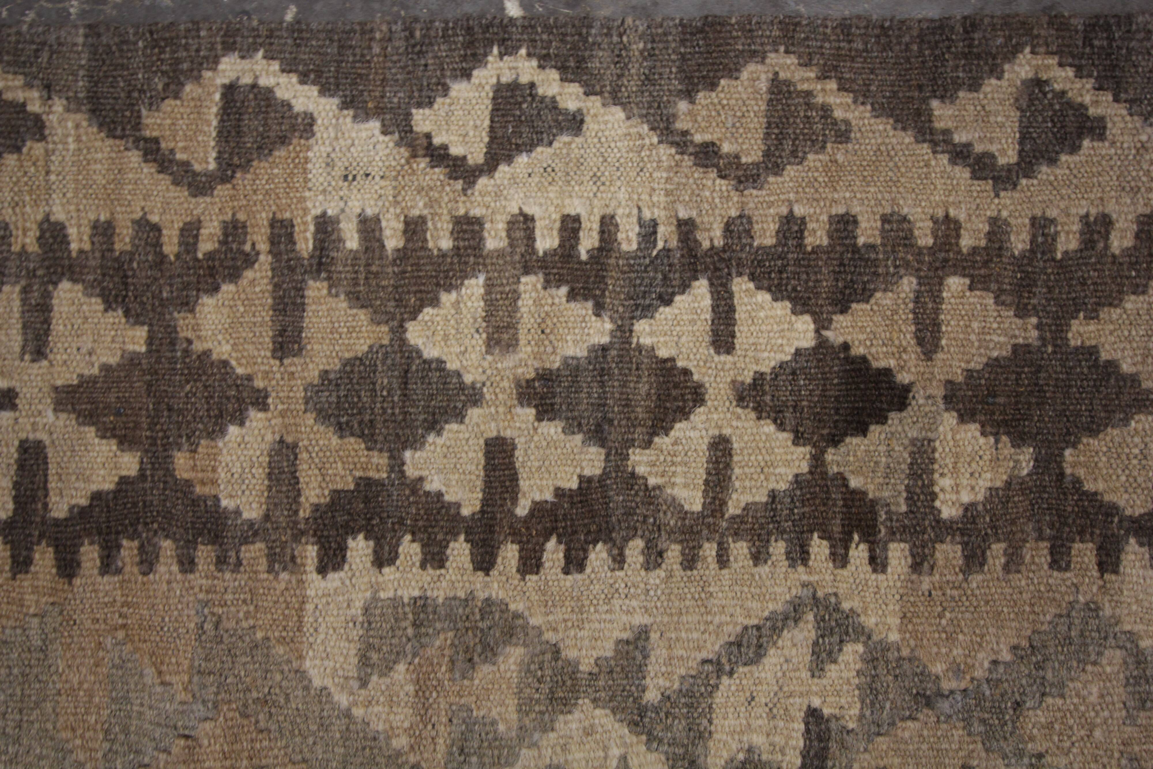 Brown & Khaki Geometric Kilim Rug, Handwoven Wool Carpet 302 x 239 cm
