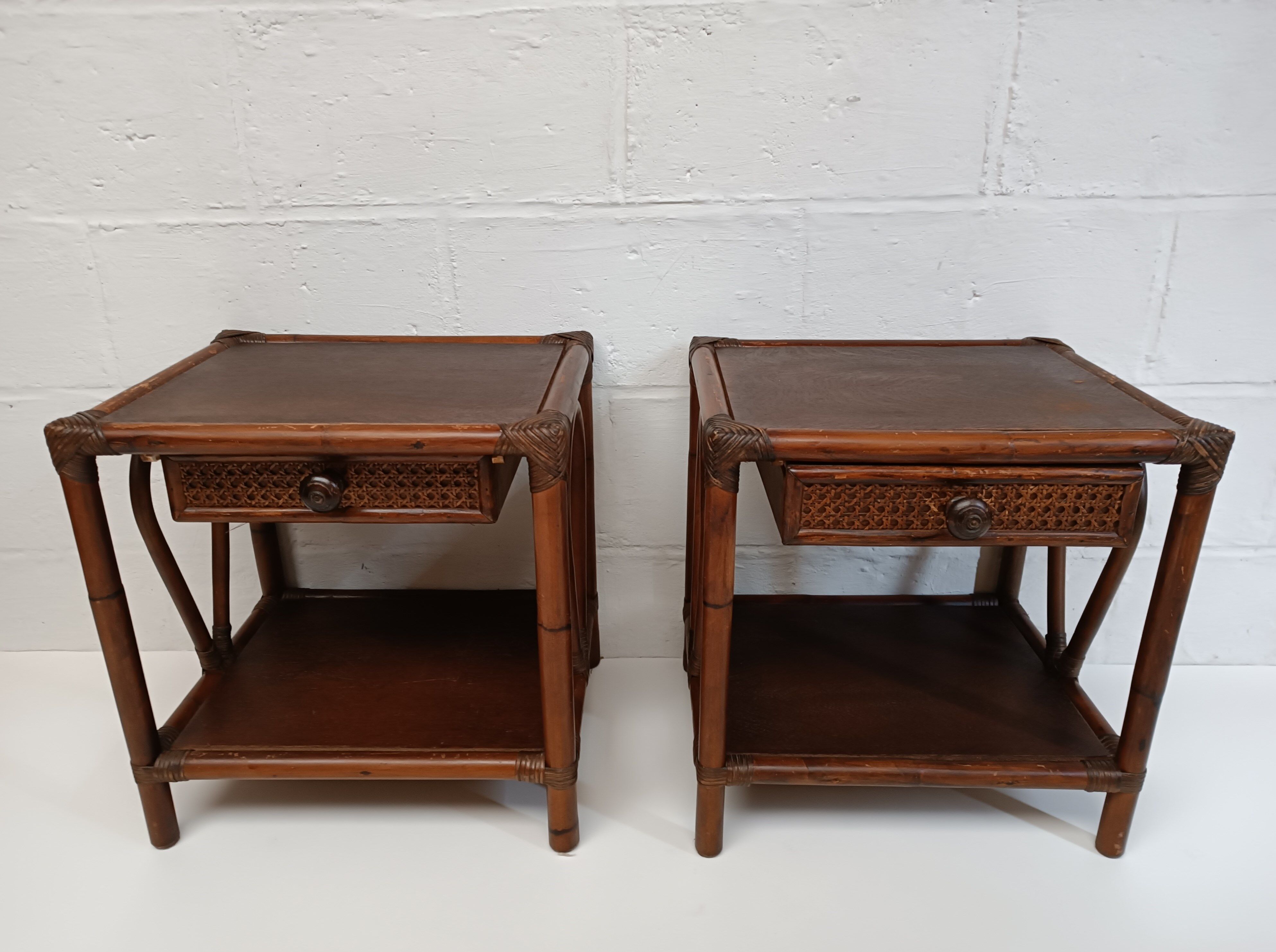 Pair of wooden bedside tables, bamboo and canning