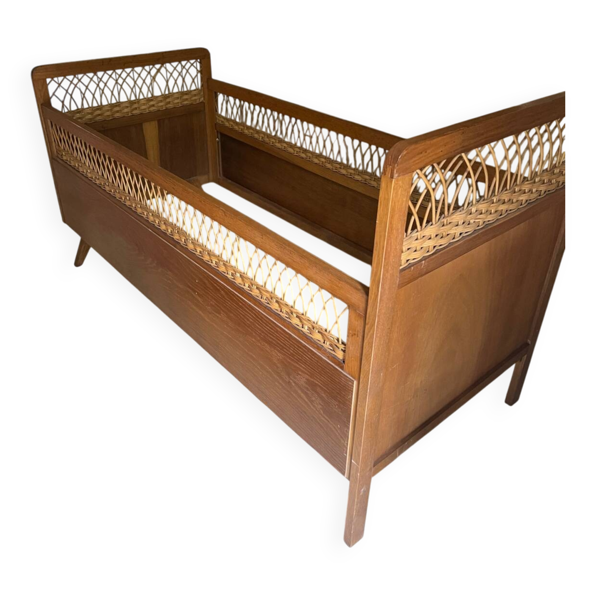 Vintage bed in wood and caning – 1950s/60s, signed workshop