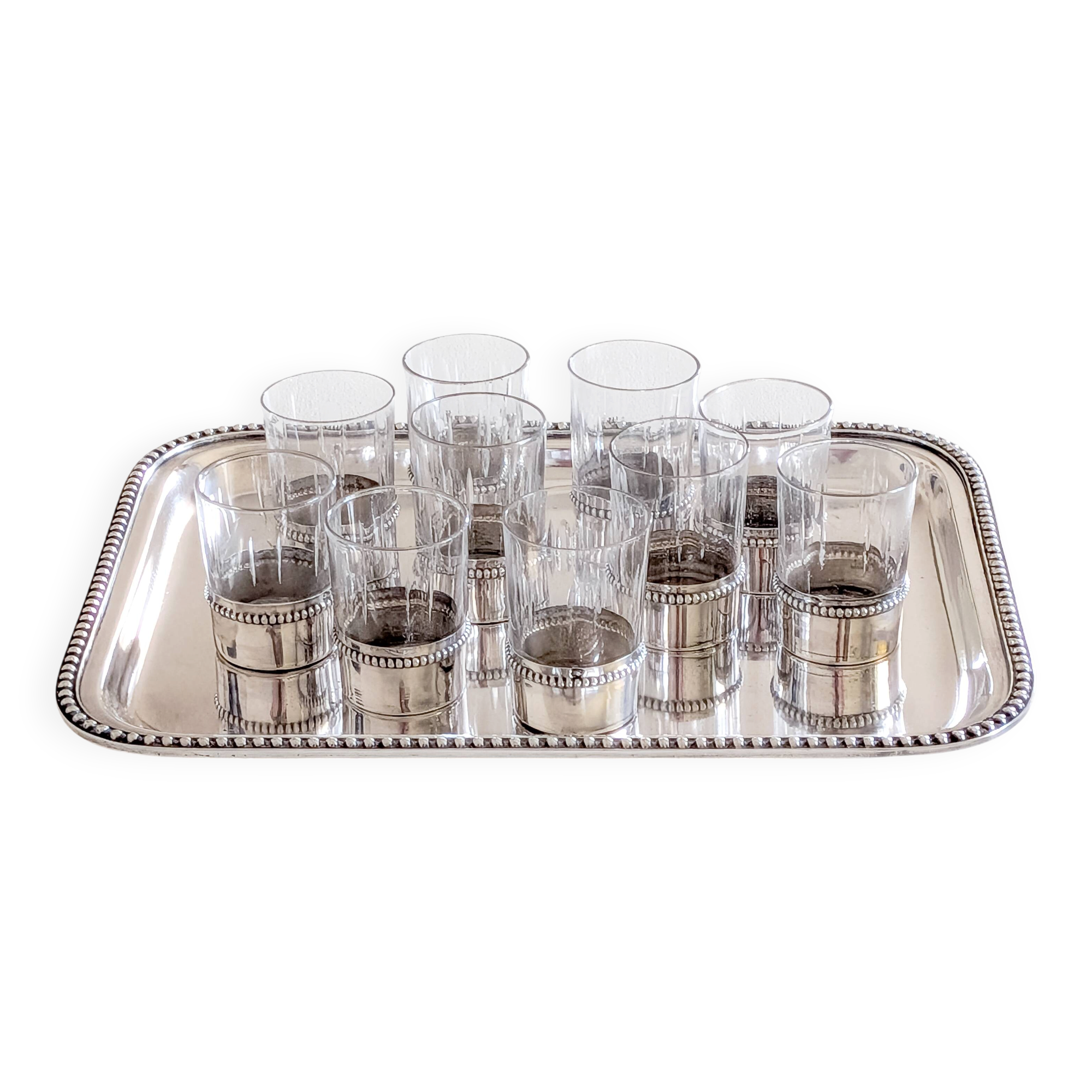 Liqueur service with 10 crystal glasses, solid silver and tray.