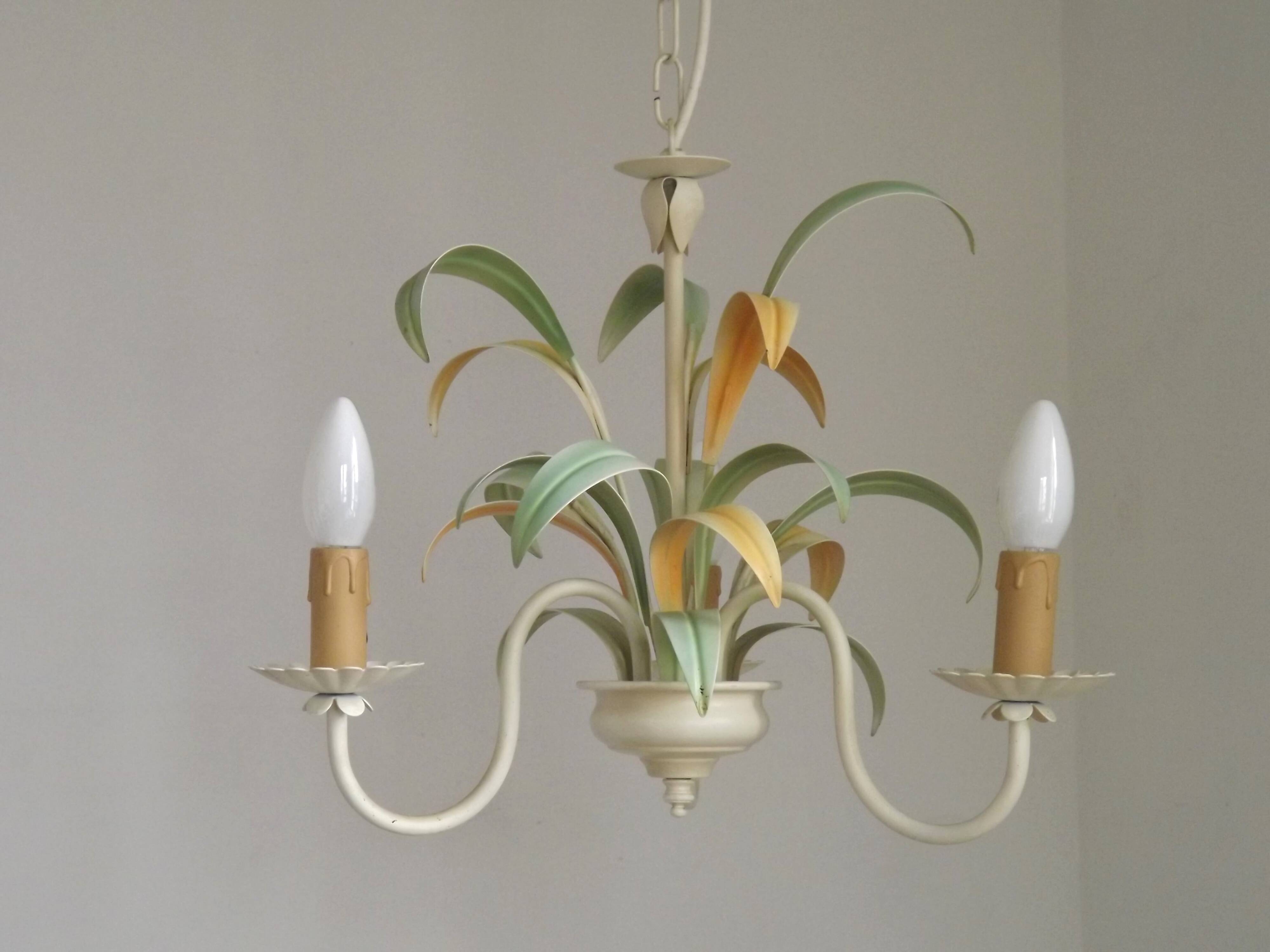 French Vintage Cream 3 Light Chandelier Green and Peach Leaves