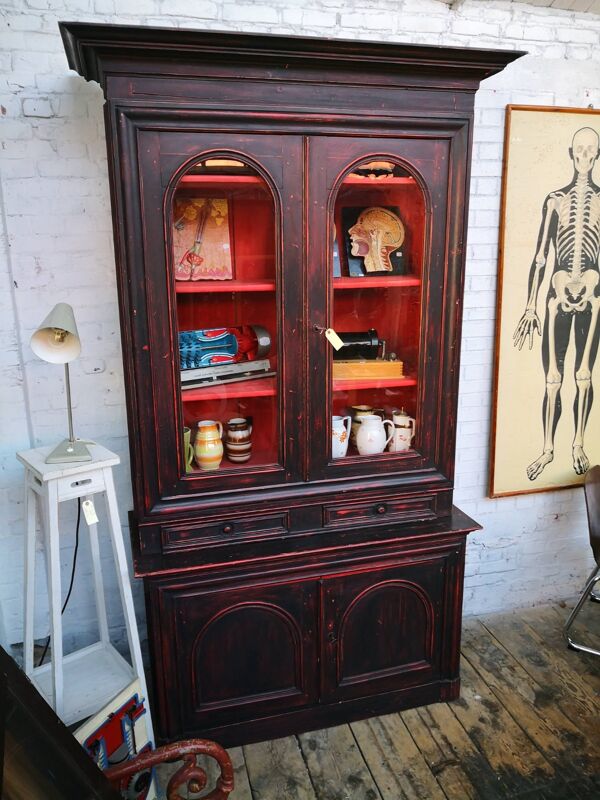 Buffet vitrine 2 corps vintage, vaisselier de ferme
