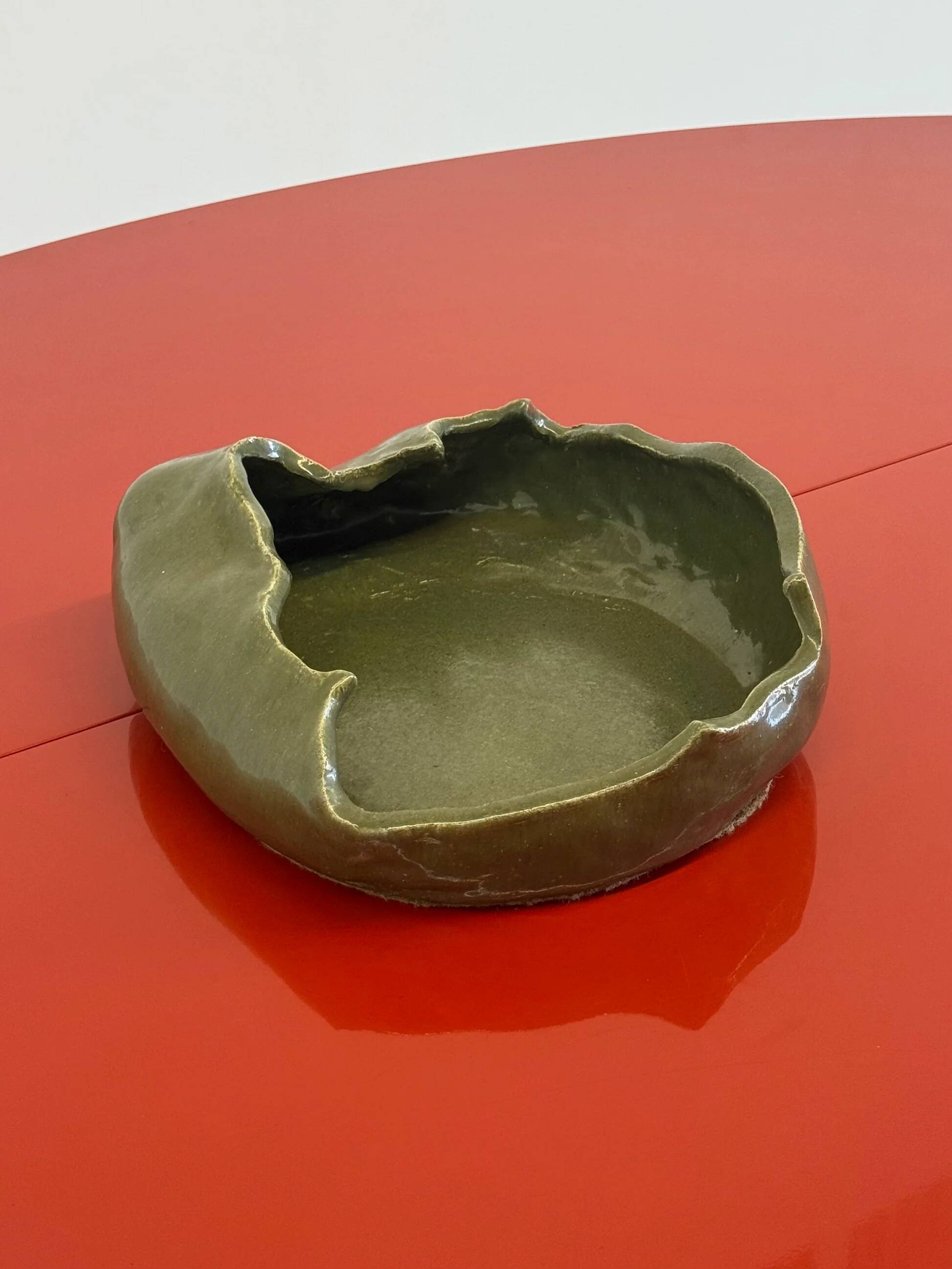 Vintage ceramic asymmetrical bowl in olive green