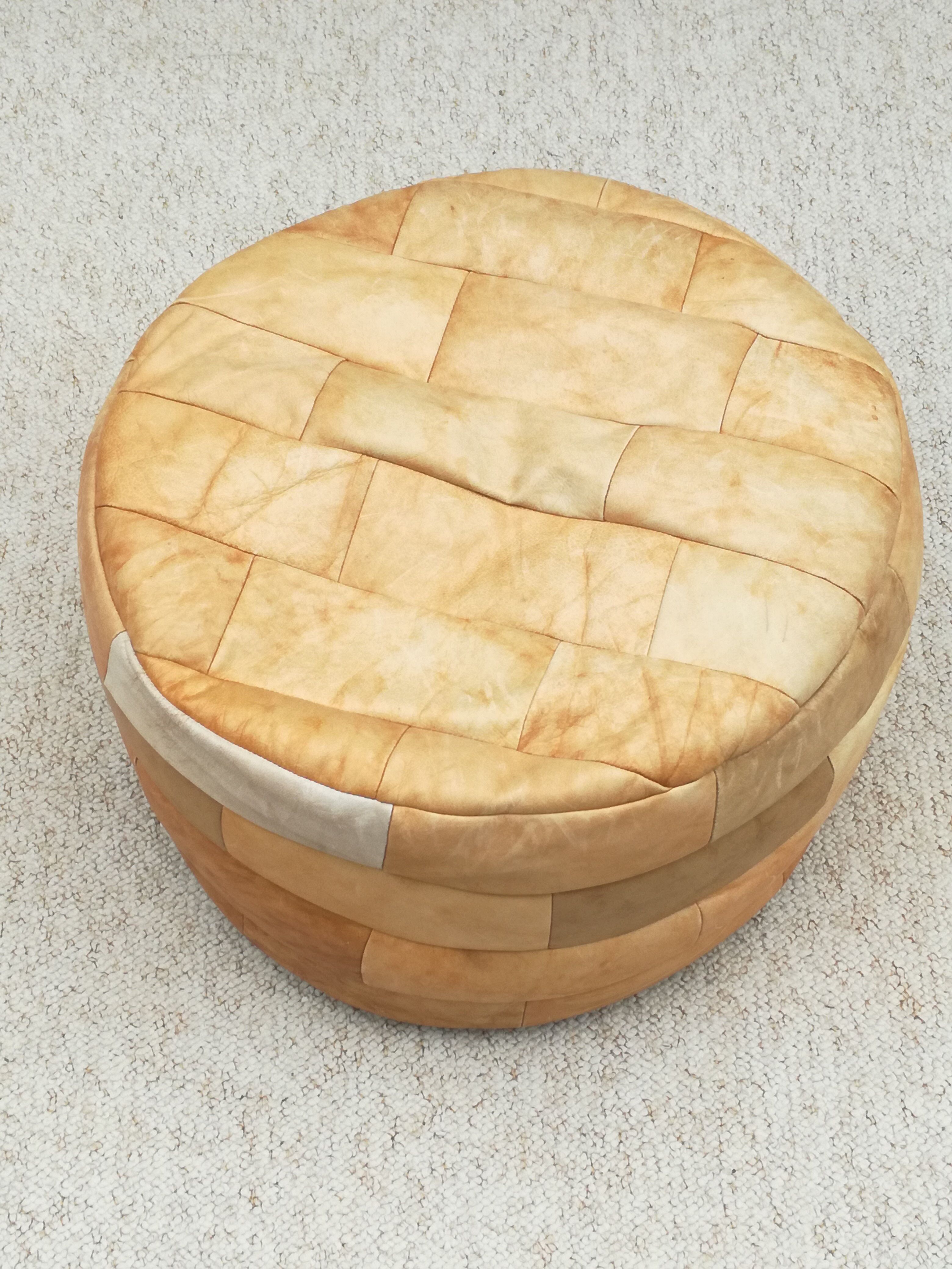 Round leather patchwork pouf 1970