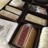 Complete mahogany wood game set with pawns, cards, and score pieces