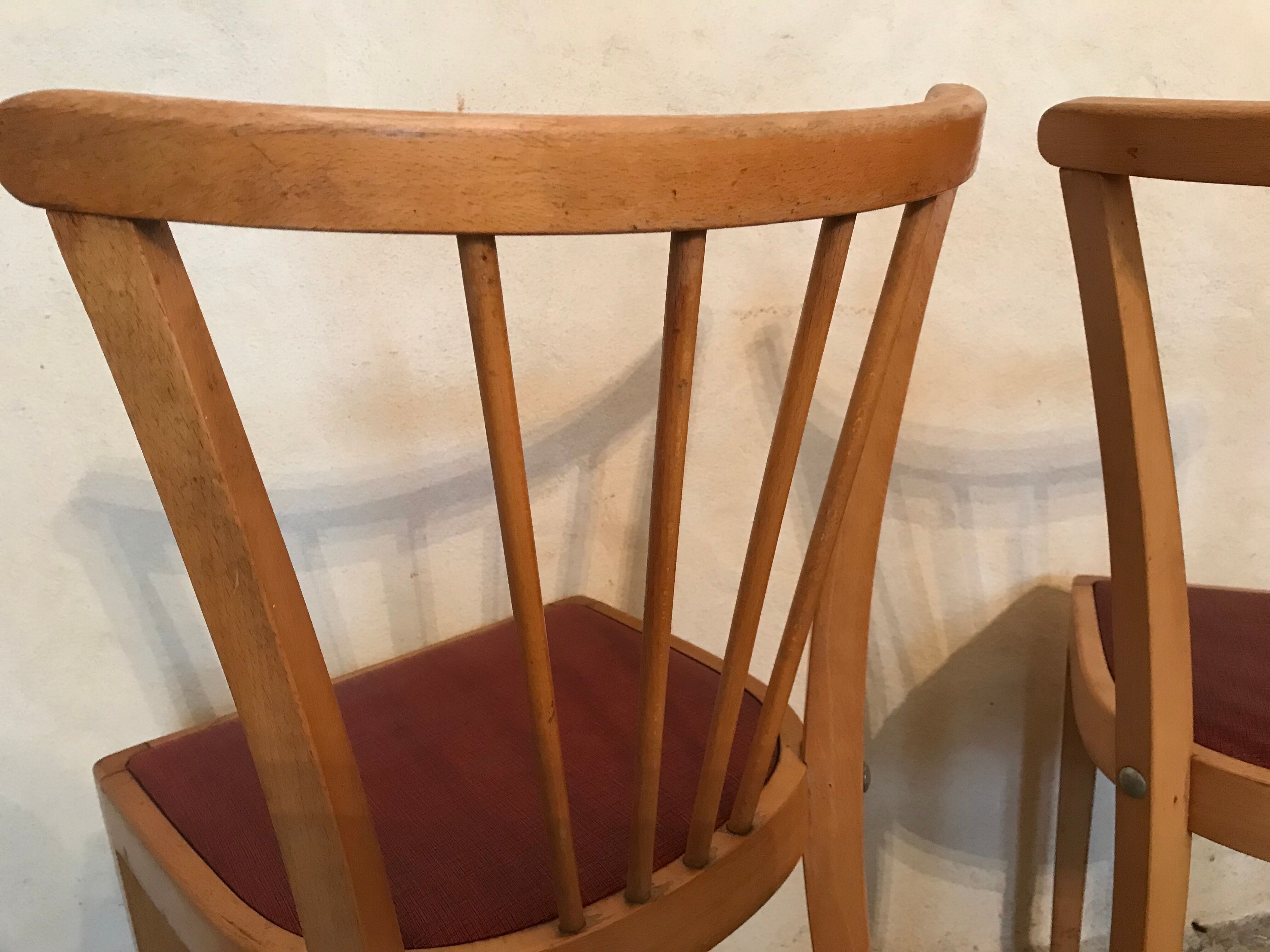 Pair of vintage bistro chairs 1960's blond wood and skaï