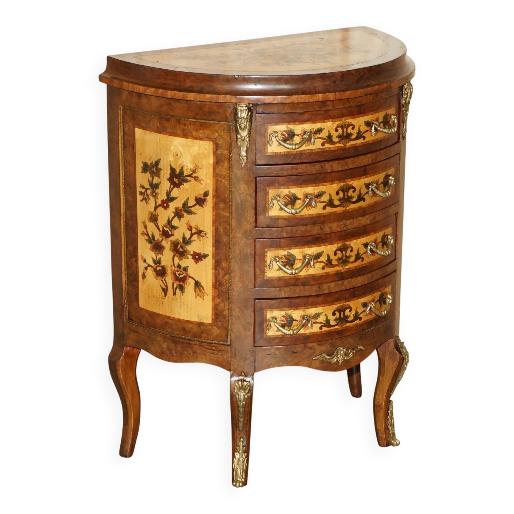 Vintage 1940s demi-lune buffet in burr walnut and satin wood.