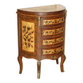 Vintage 1940s demi-lune buffet in burr walnut and satin wood.