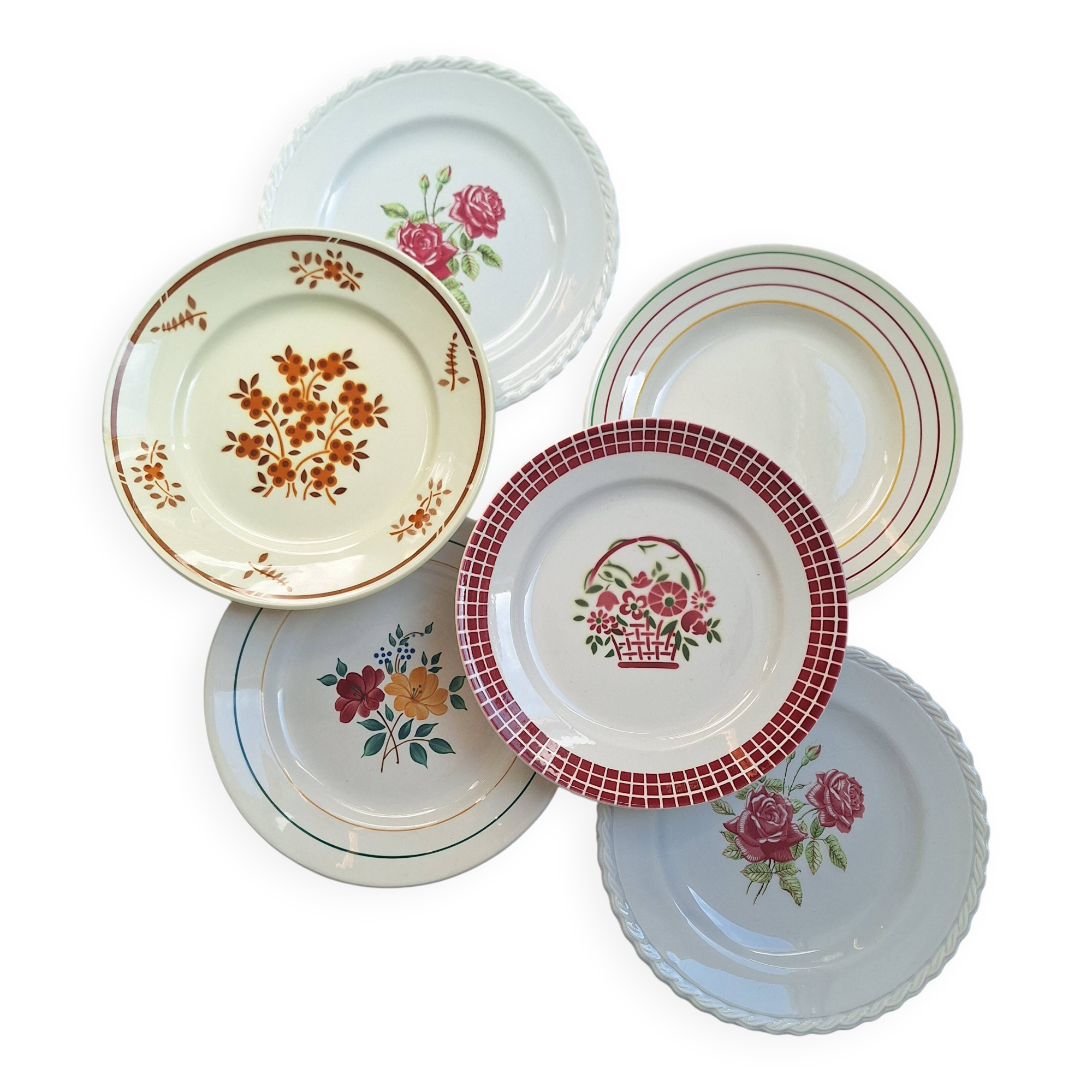 Multicolored flower dinner plates from Moulin des Loups, St Amand and Badonville