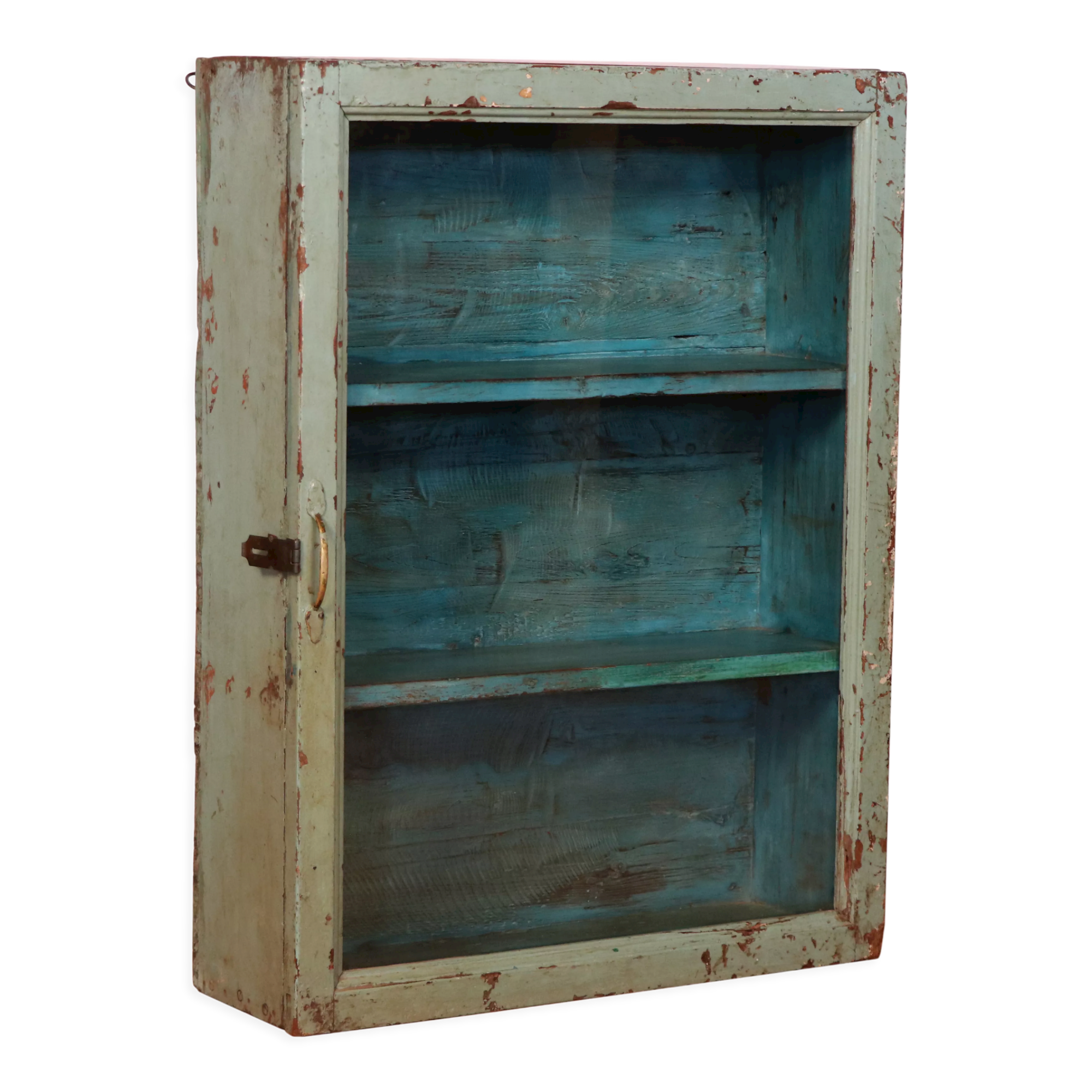 Ancienne vitrine murale art déco en teck birman patine verte-bleue d'origine