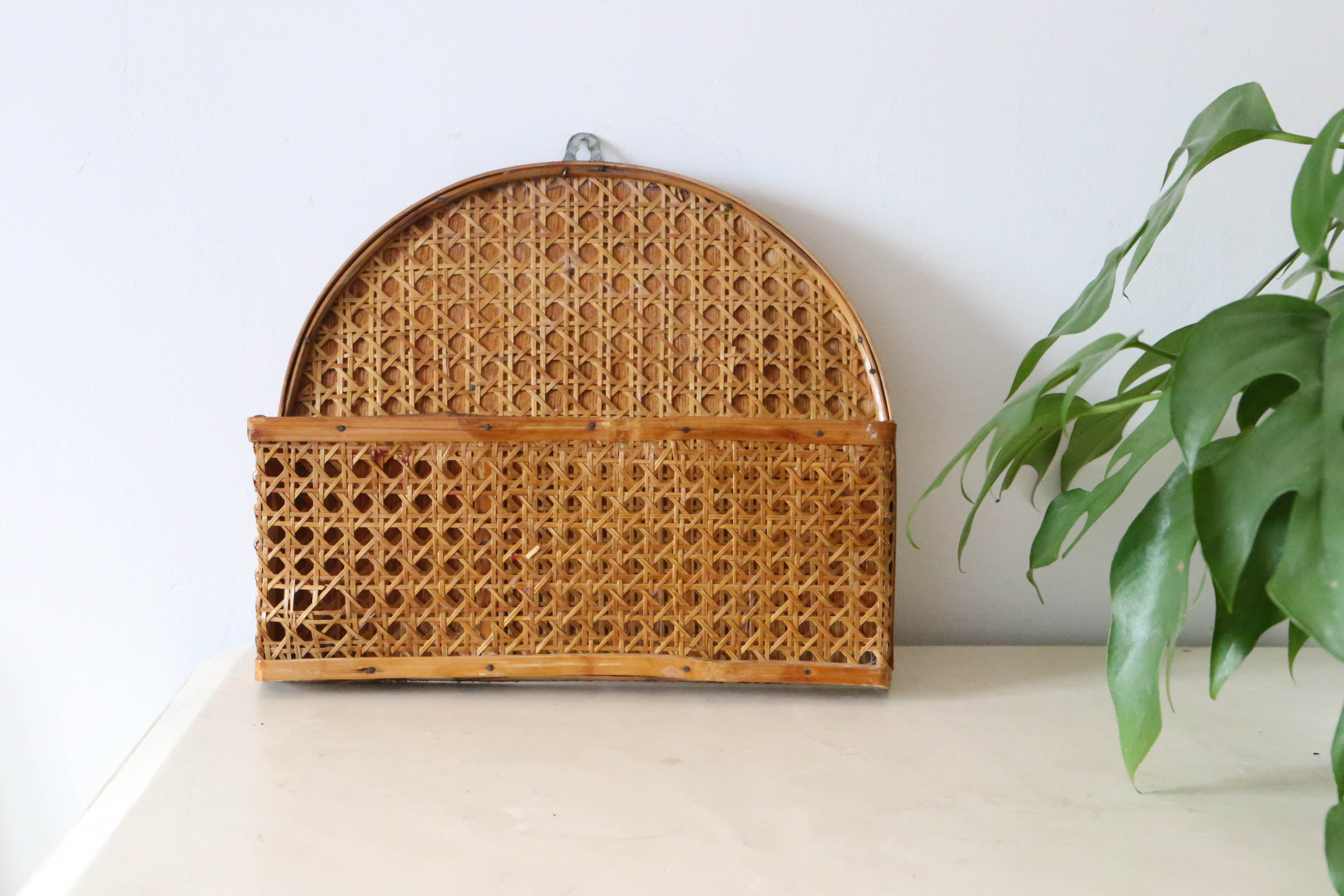Mail holder, empty wall pocket, wicker and cannage, vintage