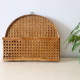 Mail holder, empty wall pocket, wicker and cannage, vintage