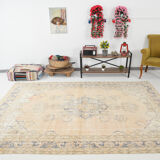 7x10 beige & navy blue vintage rug, 215x302cm