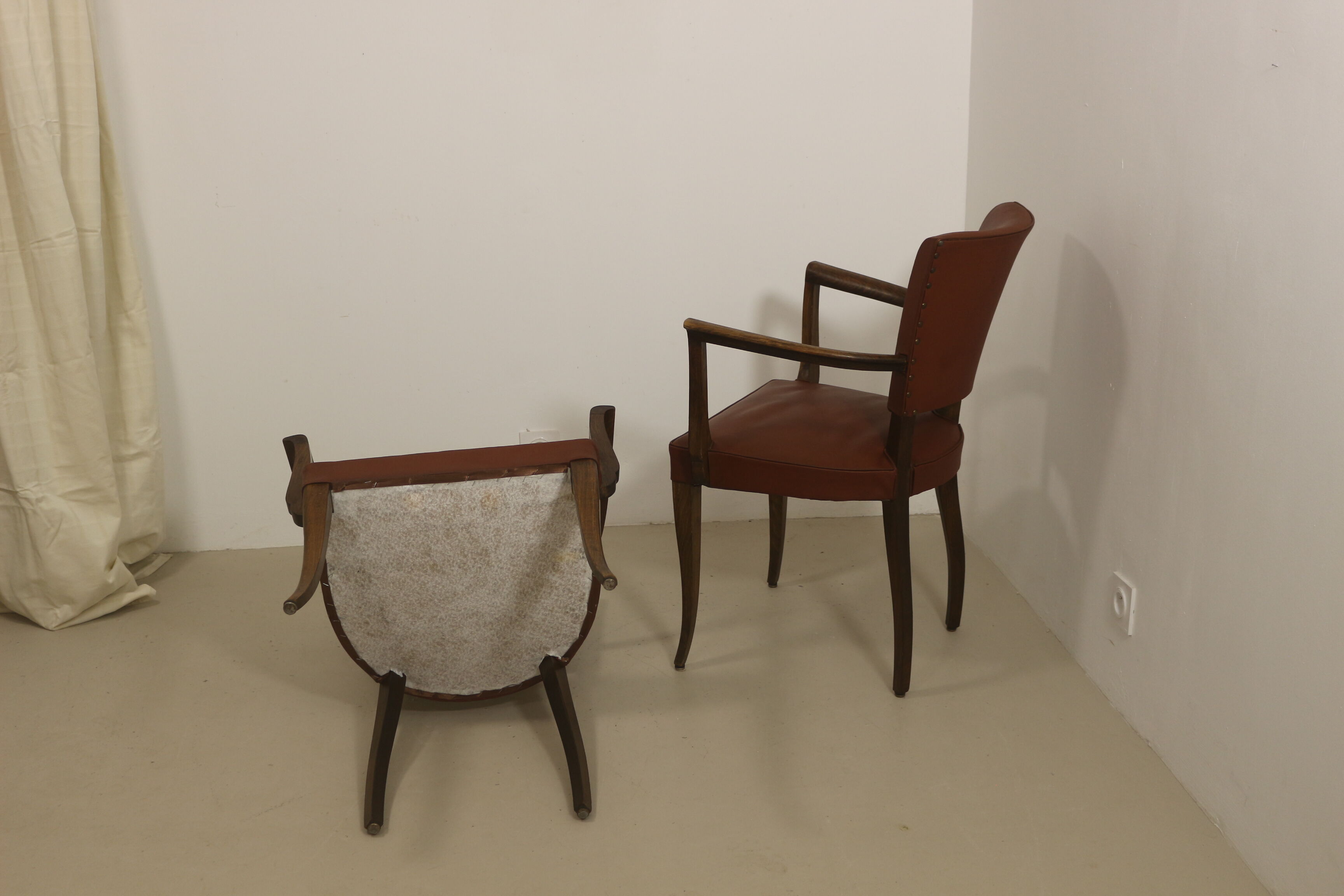 Pair of vintage bridge armchairs year 60 in imitation rust leather.