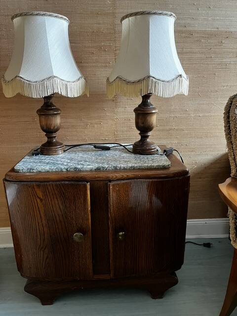 Pair of vintage turned wooden table or bedside lamps.
