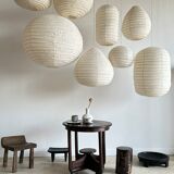 Suspension in rattan and natural japanese linen in the shape of a drop