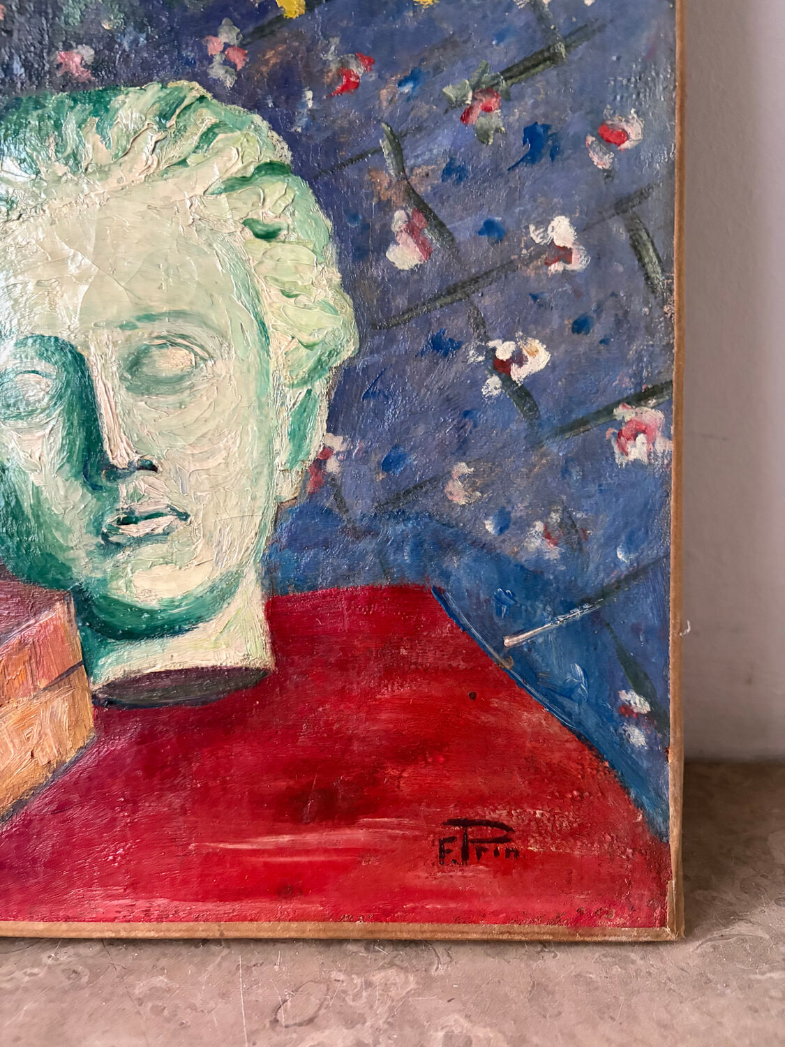 Still life with vase, bust and forsythia, oil on canvas signed