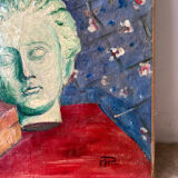 Still life with vase, bust and forsythia, oil on canvas signed