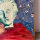Still life with vase, bust and forsythia, oil on canvas signed