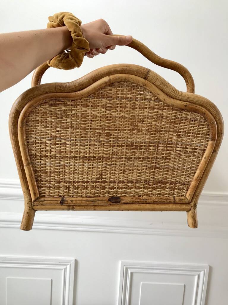 Magazine holder / Pine hutch in rattan, bamboo and canning 70s