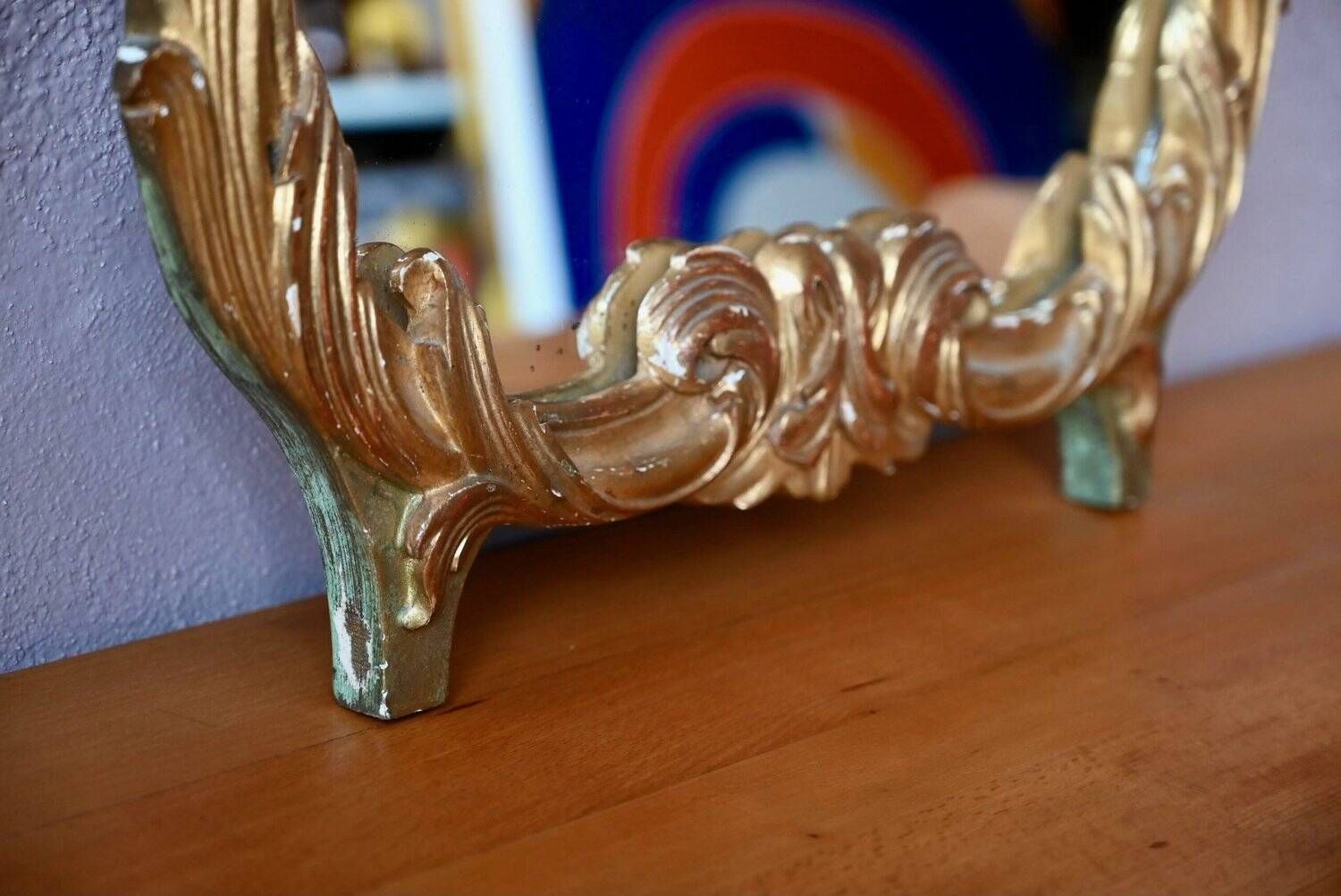 Baroque gold table mirror in Louis XV style, carved and stuccoed wood.