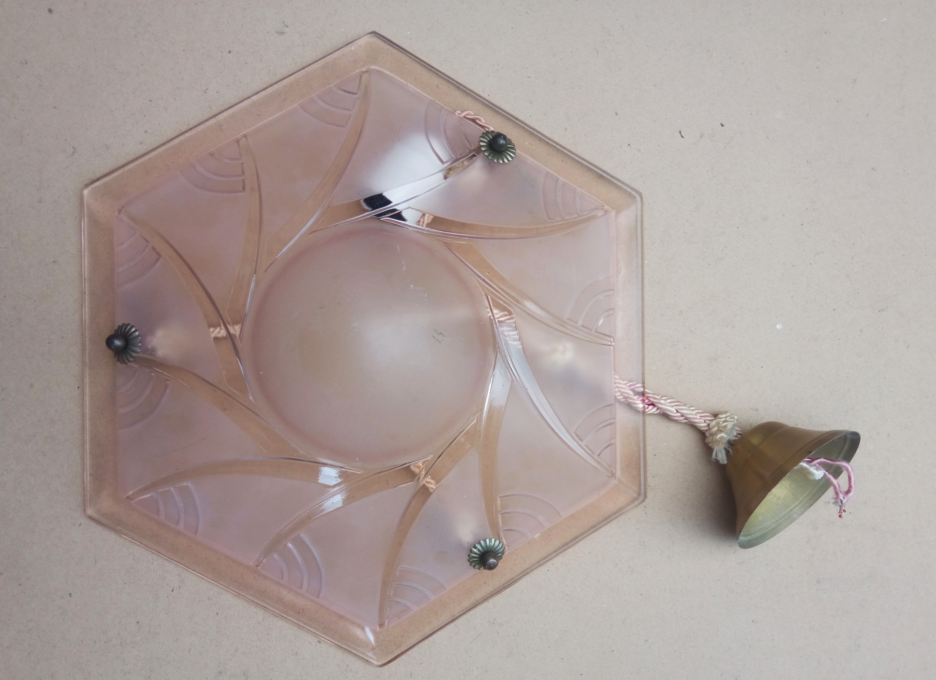 Art Deco ceiling lamp / chandelier in pink pressed molded glass in working order