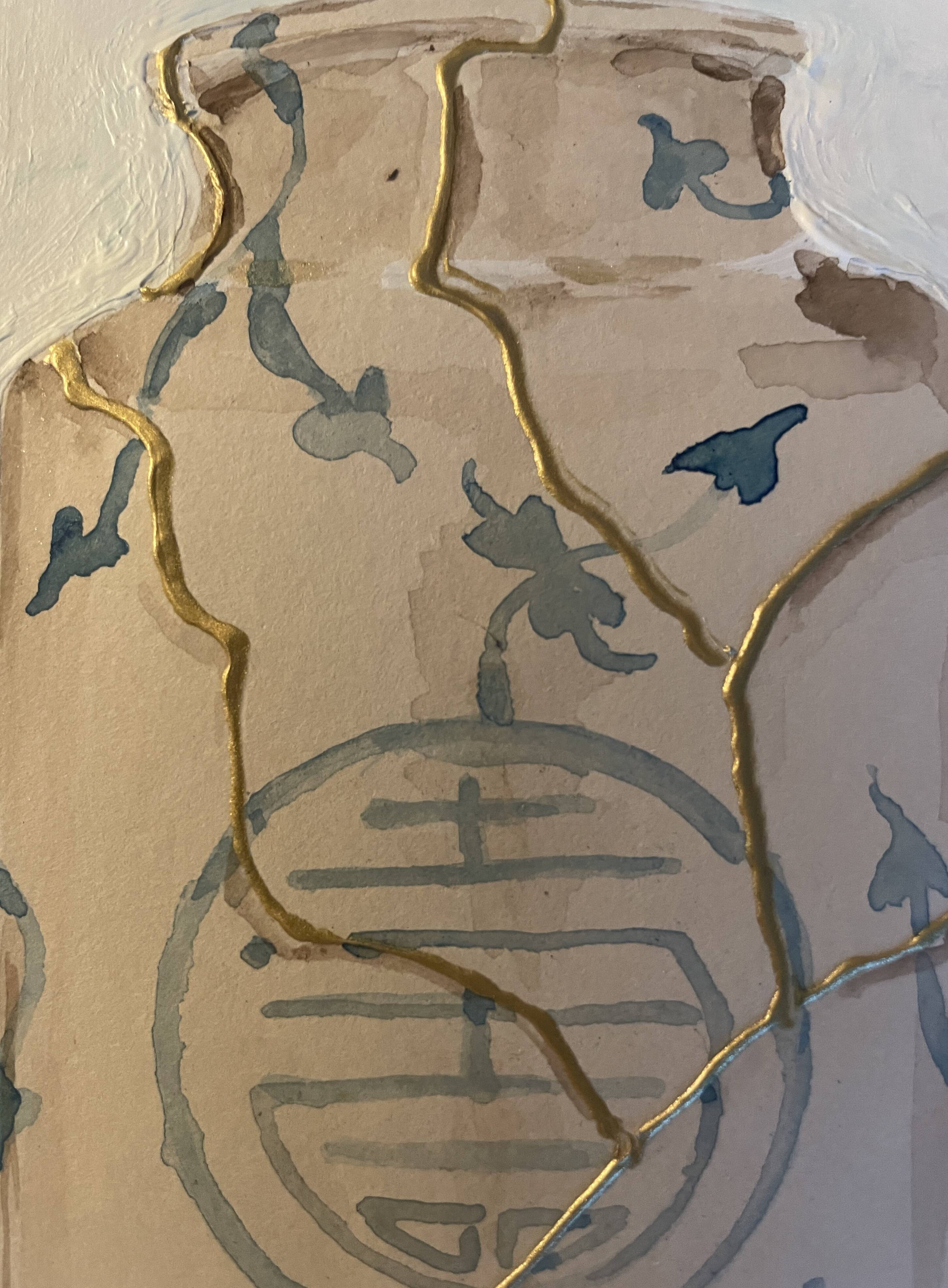 Painting signed “Japanese Kintsugi vase” mixed media + iridescent gold