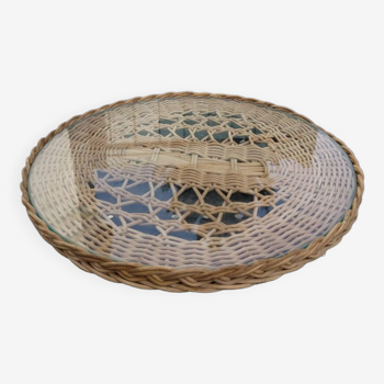Round woven wicker and glass tray