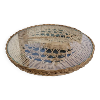 Round tray in woven wicker and glass